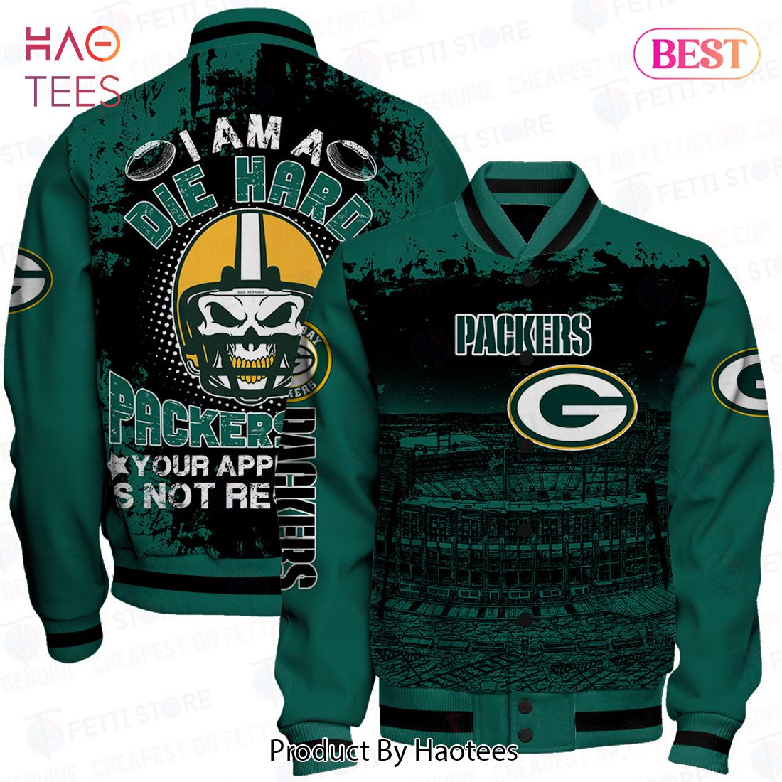[BEST] Green Bay Packers Skull Helmet Halloween Pattern Varsity Jacket