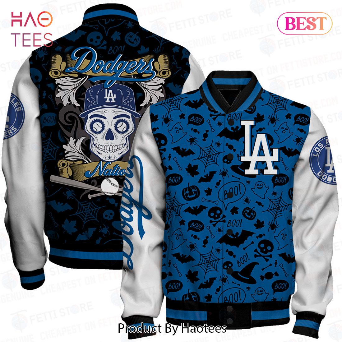 NEW Los Angeles Dodgers MLB Halloween Pattern Varsity Jacket NEW Los Angeles Dodgers MLB Halloween Pattern Varsity Jacket