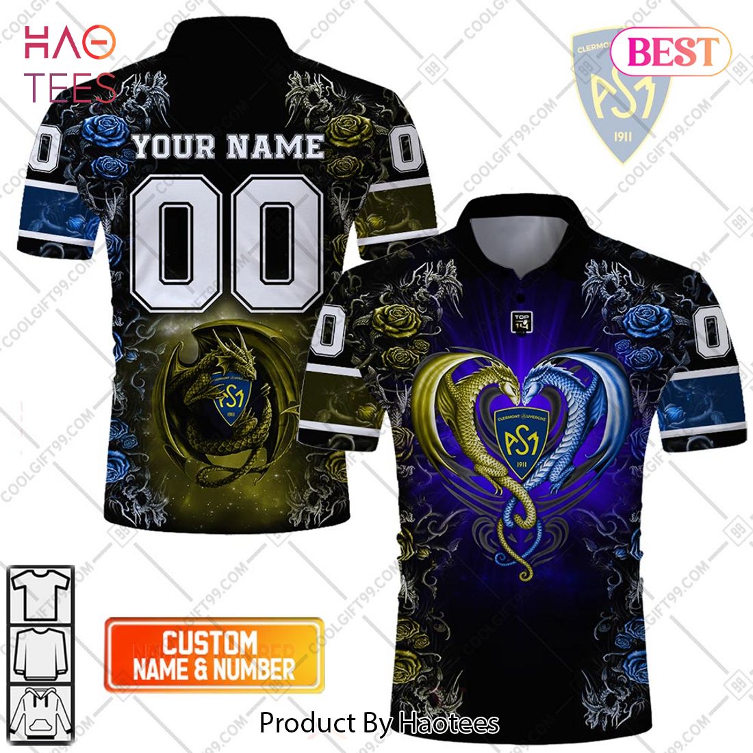 Personalized ASM Clermont Auvergne Rugby Rose Dragons Design Polo Shirt