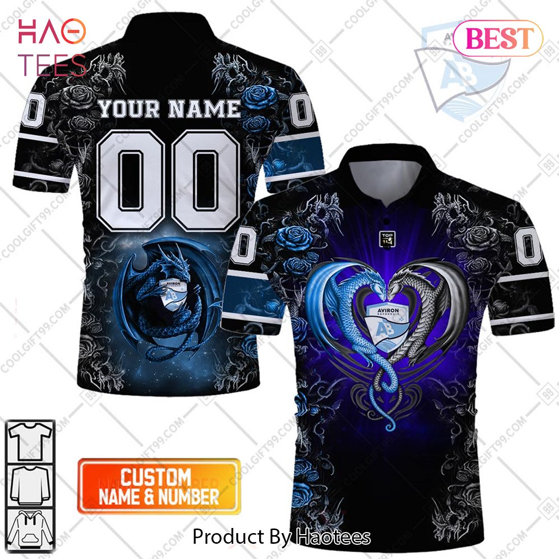 Personalized Aviron Bayonnais Rugby Rose Dragons Design Polo Shirt