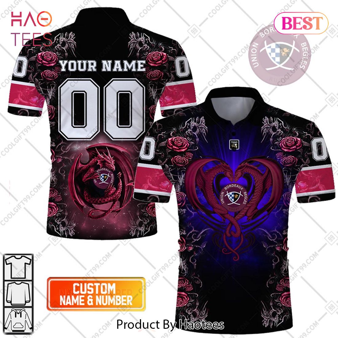 Personalized Bordeaux Begles Rugby Rose Dragons Design Polo Shirt