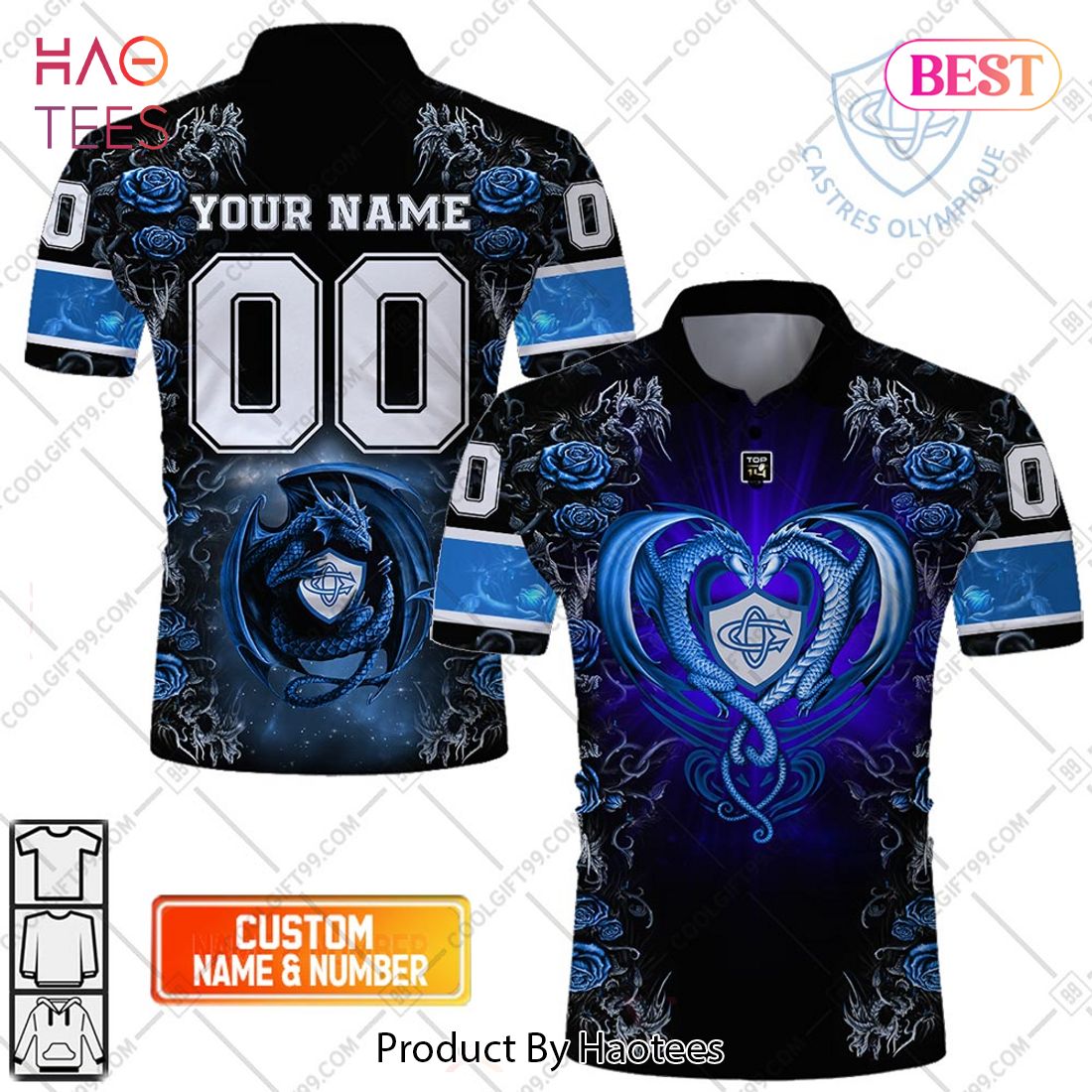 Personalized Castres Olympique Rugby Rose Dragons Design Polo Shirt