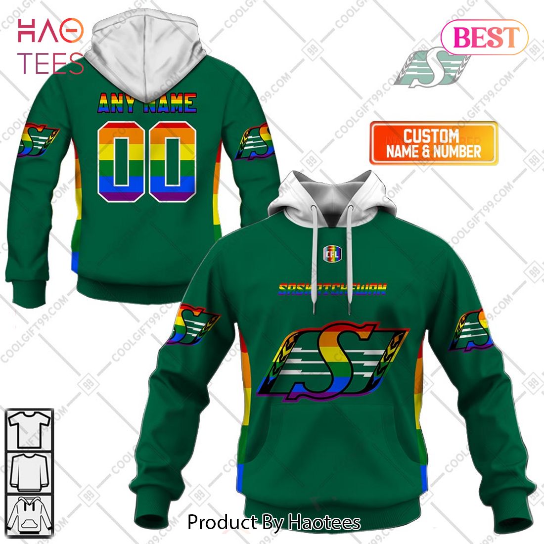 Personalized CFL Saskatchewan Roughriders Rainbow Logo Jersey Style Hoodie, T-Shirt, Zip Hoodie, Sweatshirt