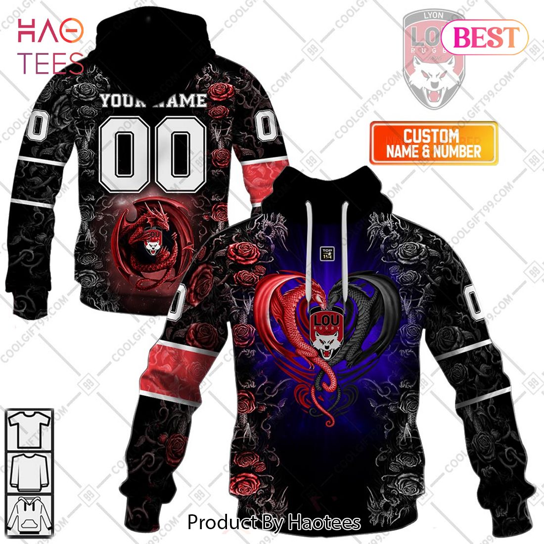 Personalized Lyon LOU Rugby Rose Dragons Design Hoodie, T-Shirt, Zip Hoodie, Sweatshirt