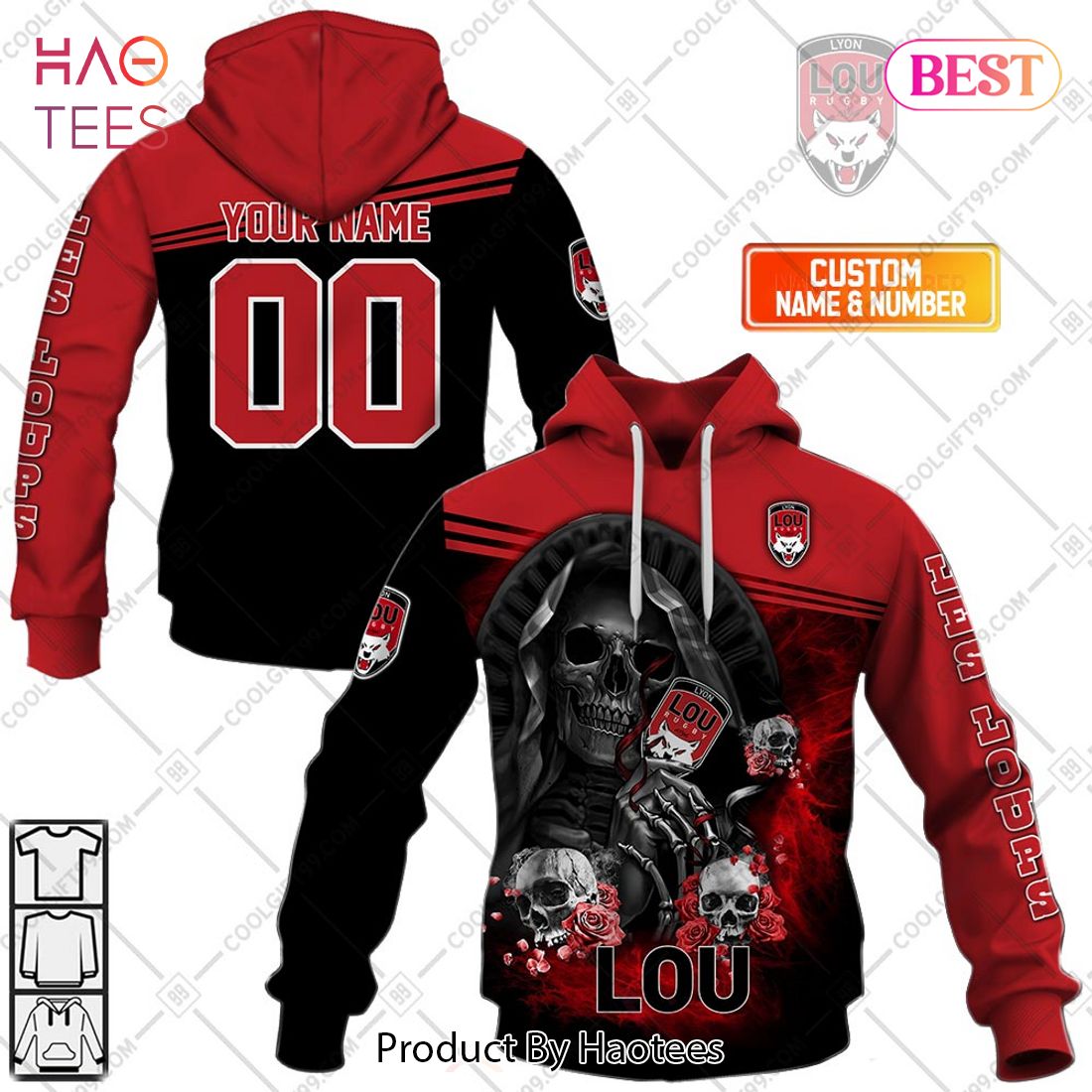 Personalized Lyon LOU Rugby Skull Death Design Hoodie, T-Shirt, Zip Hoodie, Sweatshirt