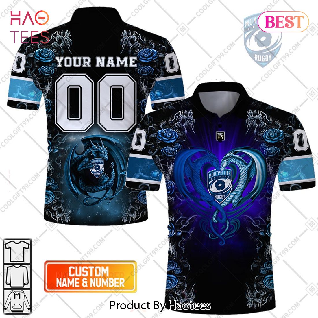Personalized Montpellier Herault Rugby Rose Dragons Design Polo Shirt