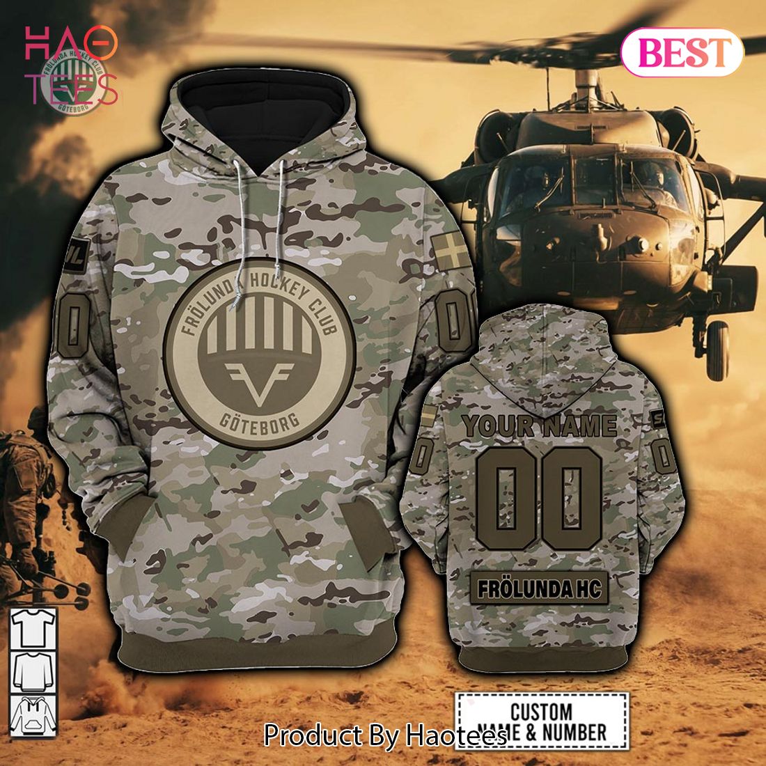 Personalized SHL Frolunda HC Army Camo Style Hoodie, T-Shirt, Zip Hoodie, Sweatshirt