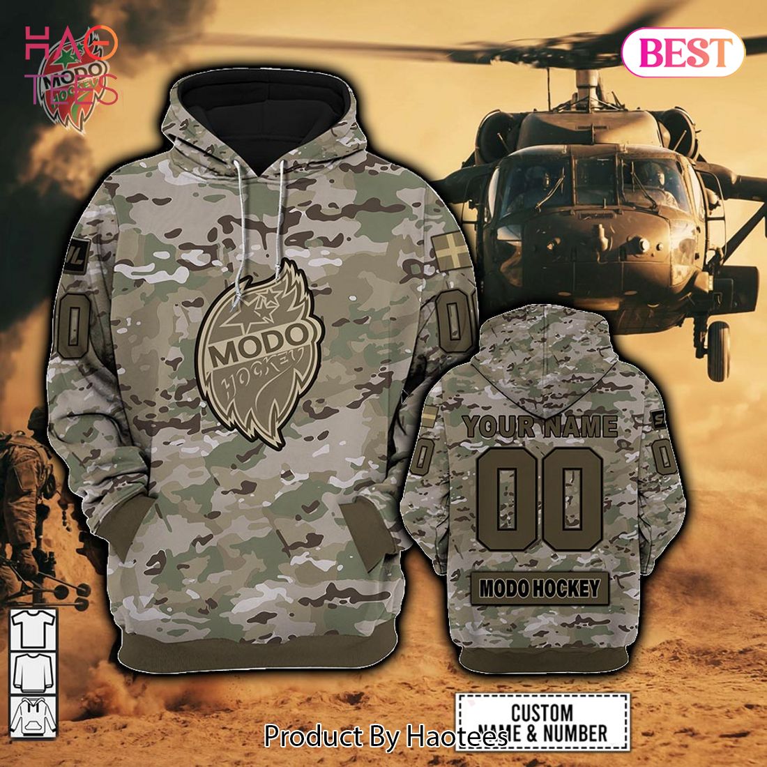 Personalized SHL Modo Hockey Army Camo Style Hoodie, T-Shirt, Zip Hoodie, Sweatshirt