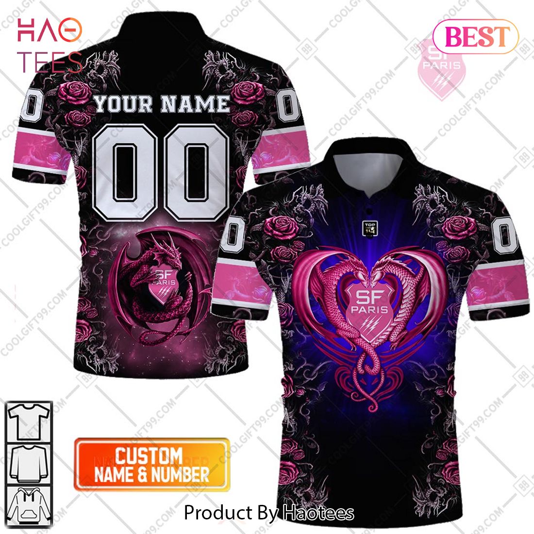 Personalized Stade Francais Paris Rugby Rose Dragons Design Polo Shirt Personalized Stade Francais Paris Rugby Rose Dragons Design Polo Shirt