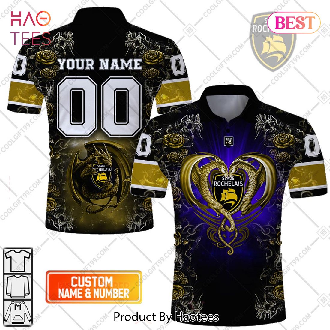 Personalized Stade Rochelais Rugby Rose Dragons Design Polo Shirt