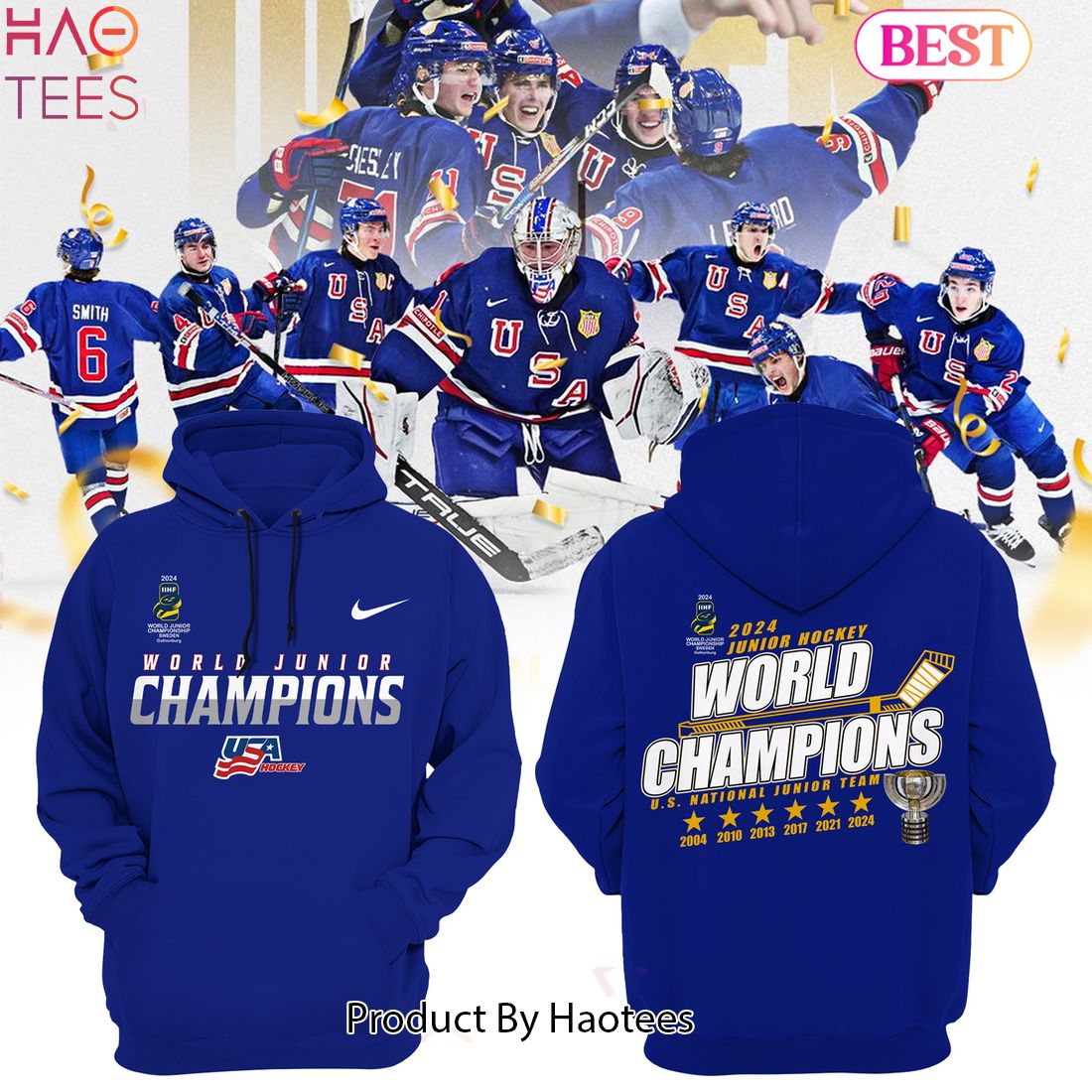 HOT USA Junior Ice Hockey World Champions 2024 Blue Hoodie