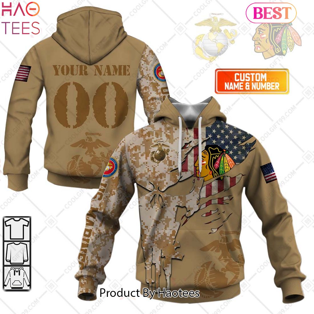NEW Personalized NHL Chicago Blackhawks Marine Corps Camo Hoodie