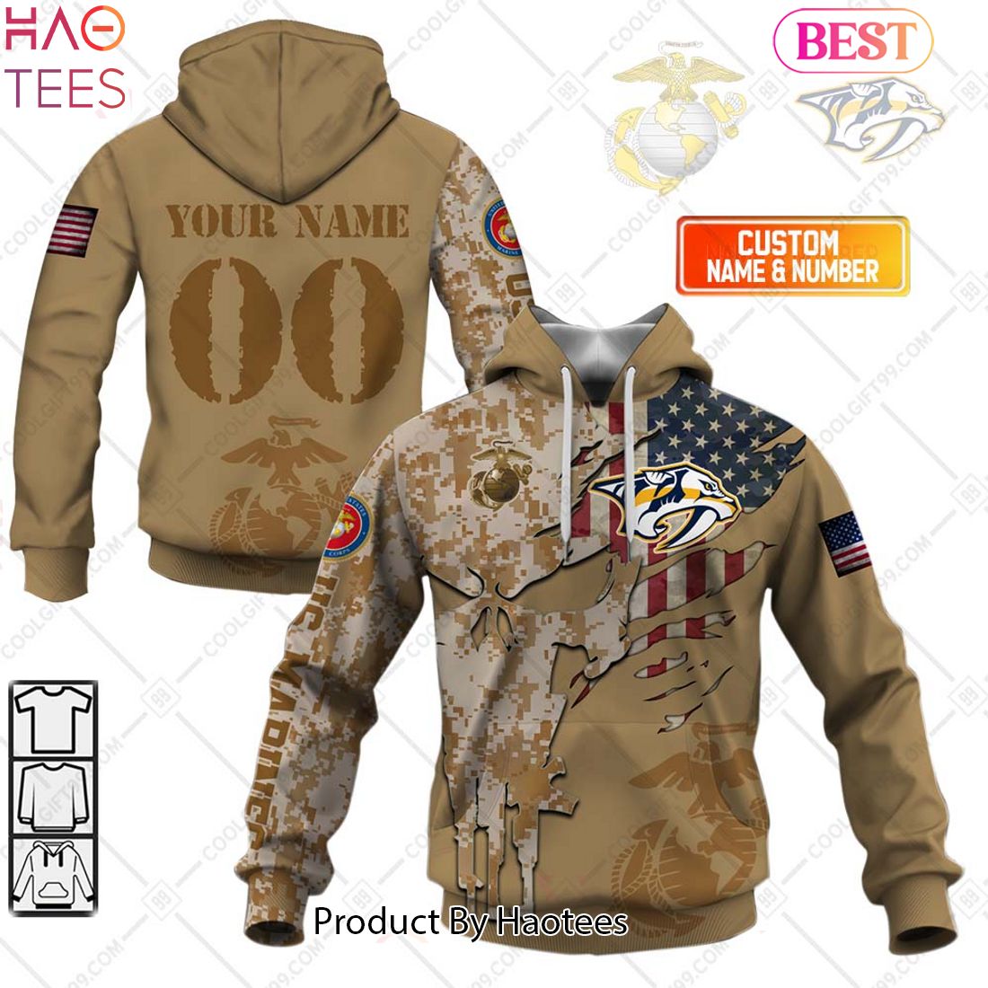 NEW Personalized NHL Nashville Predators Marine Corps Camo Hoodie