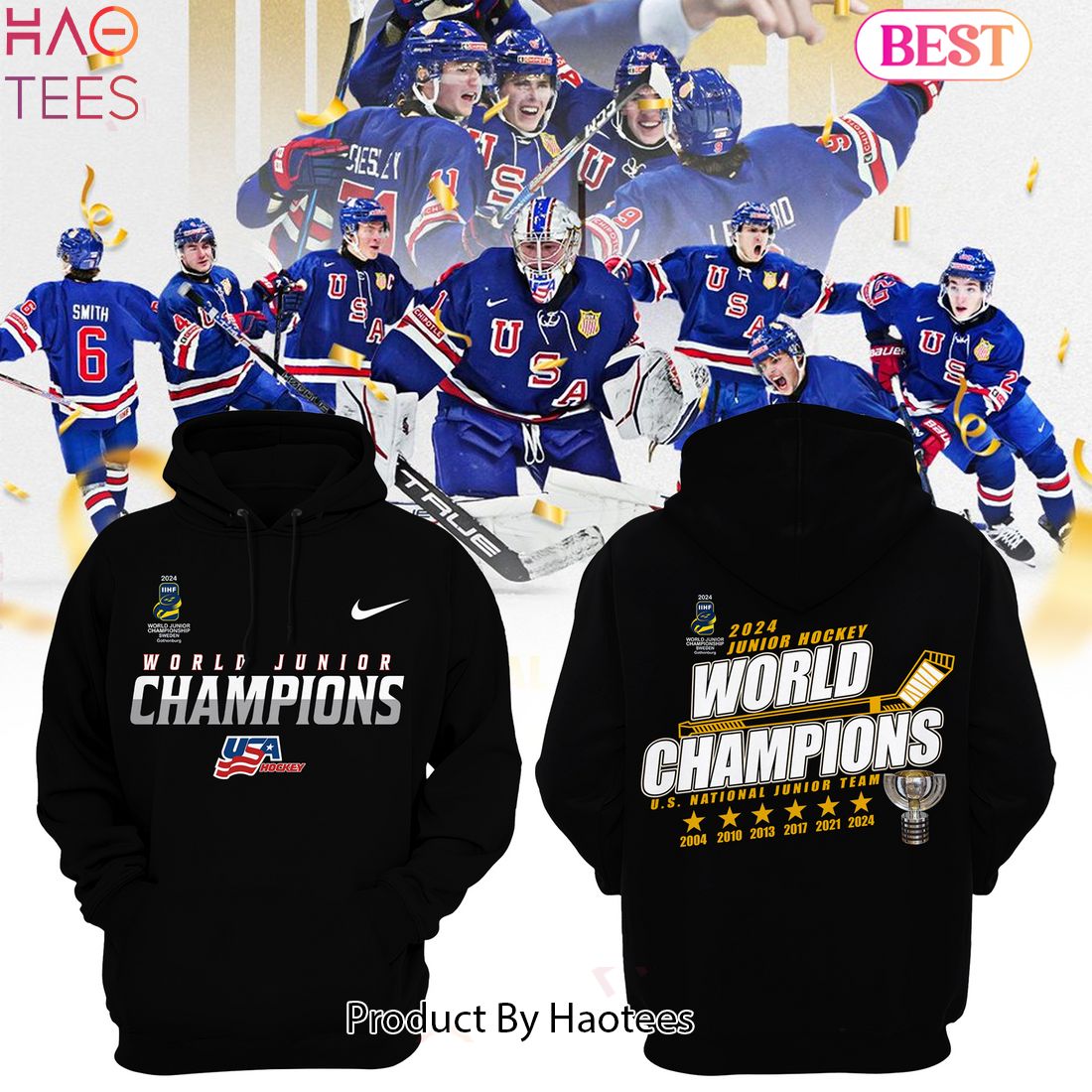 NEW USA Junior Ice Hockey World Champions 2024 Black Hoodie