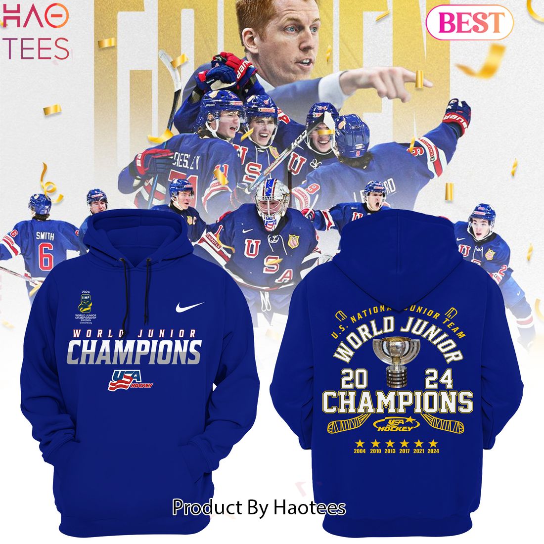 NEW USA Junior Ice Hockey World Champions 2024 Blue Hoodie