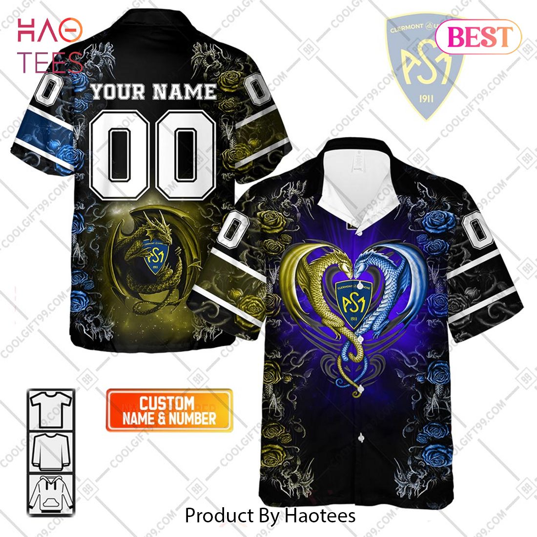 Personalized ASM Clermont Auvergne Rugby Rose Dragons Design Hawaiian Shirt Personalized ASM Clermont Auvergne Rugby Rose Dragons Design Hawaiian Shirt