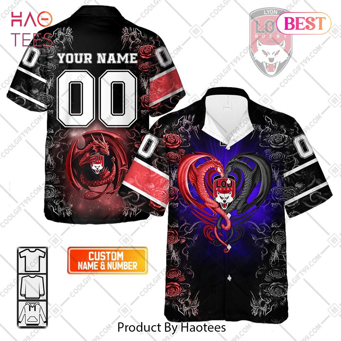 Personalized Lyon LOU Rugby Rose Dragons Design Hawaiian Shirt Personalized Lyon LOU Rugby Rose Dragons Design Hawaiian Shirt