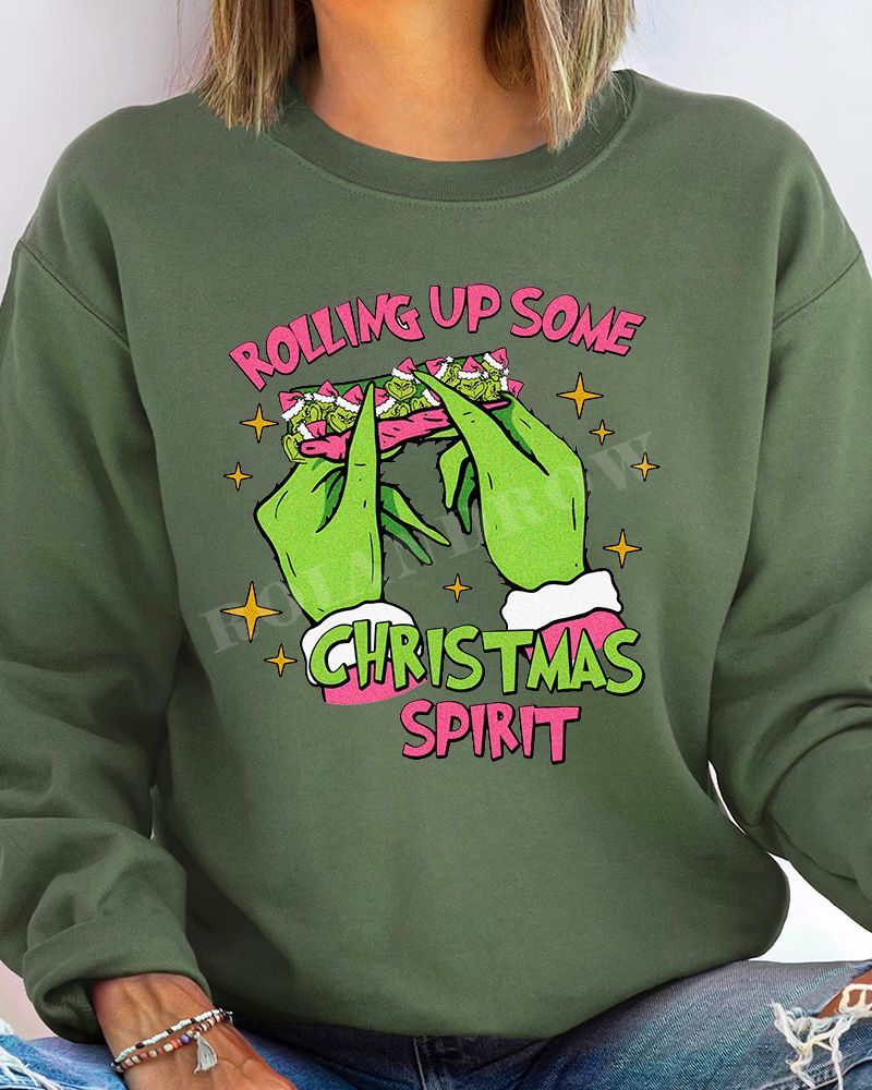 AVAILABLE Grinch Rolling up some Christmas Spirit Christmas Sweatshirt AVAILABLE Grinch Rolling up some Christmas Spirit Christmas Sweatshirt