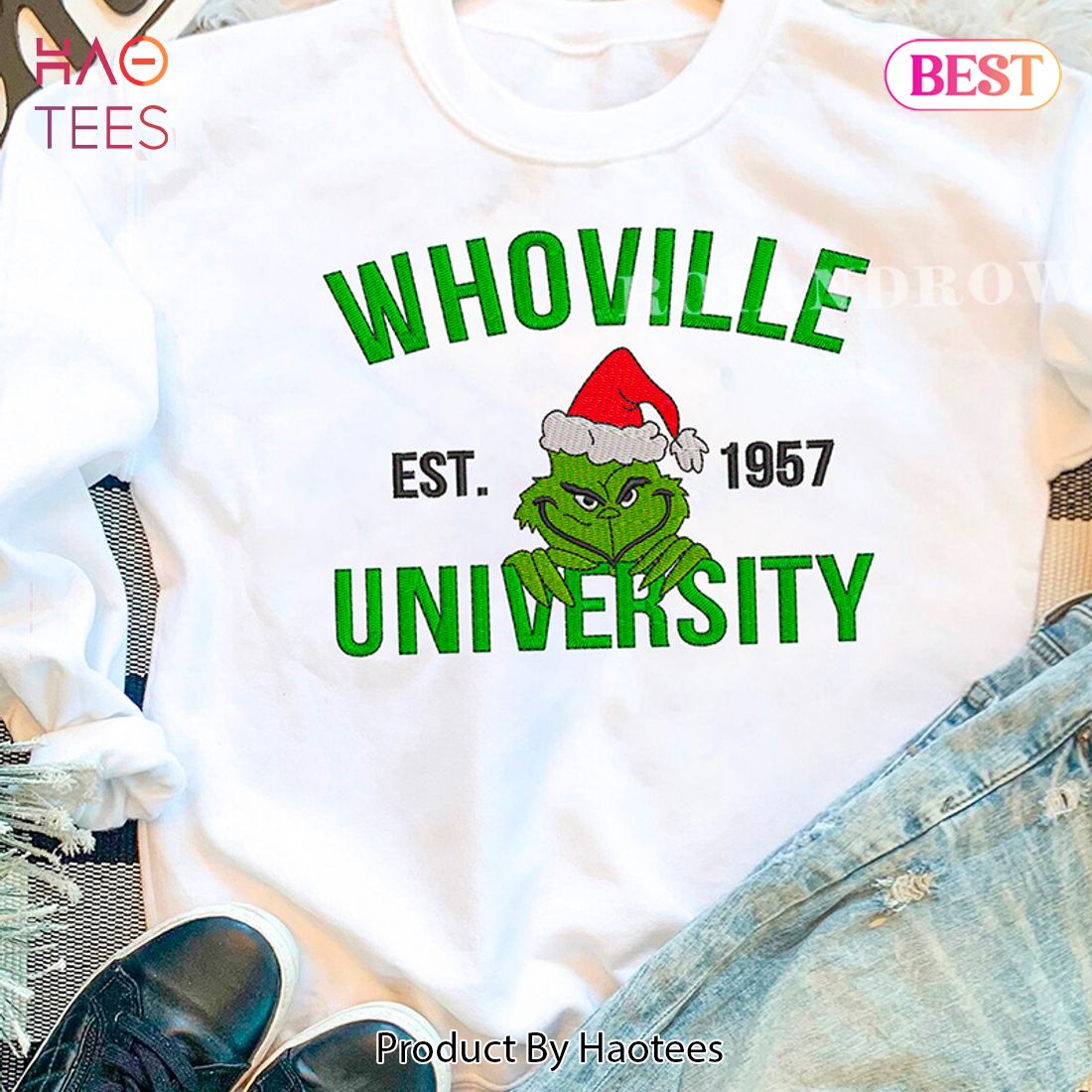 AVAILABLE Grinch Whoville University – Christmas Embroidered Youth Sweatshirt