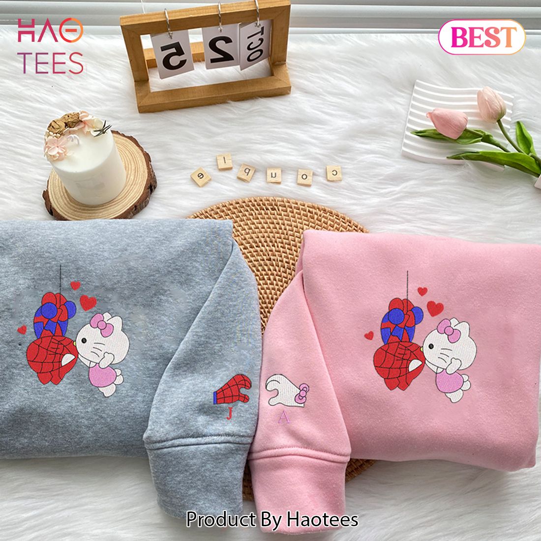 LUXURY Couple Spider Man and Hello Kitty Embroidered Youth Sweatshirt