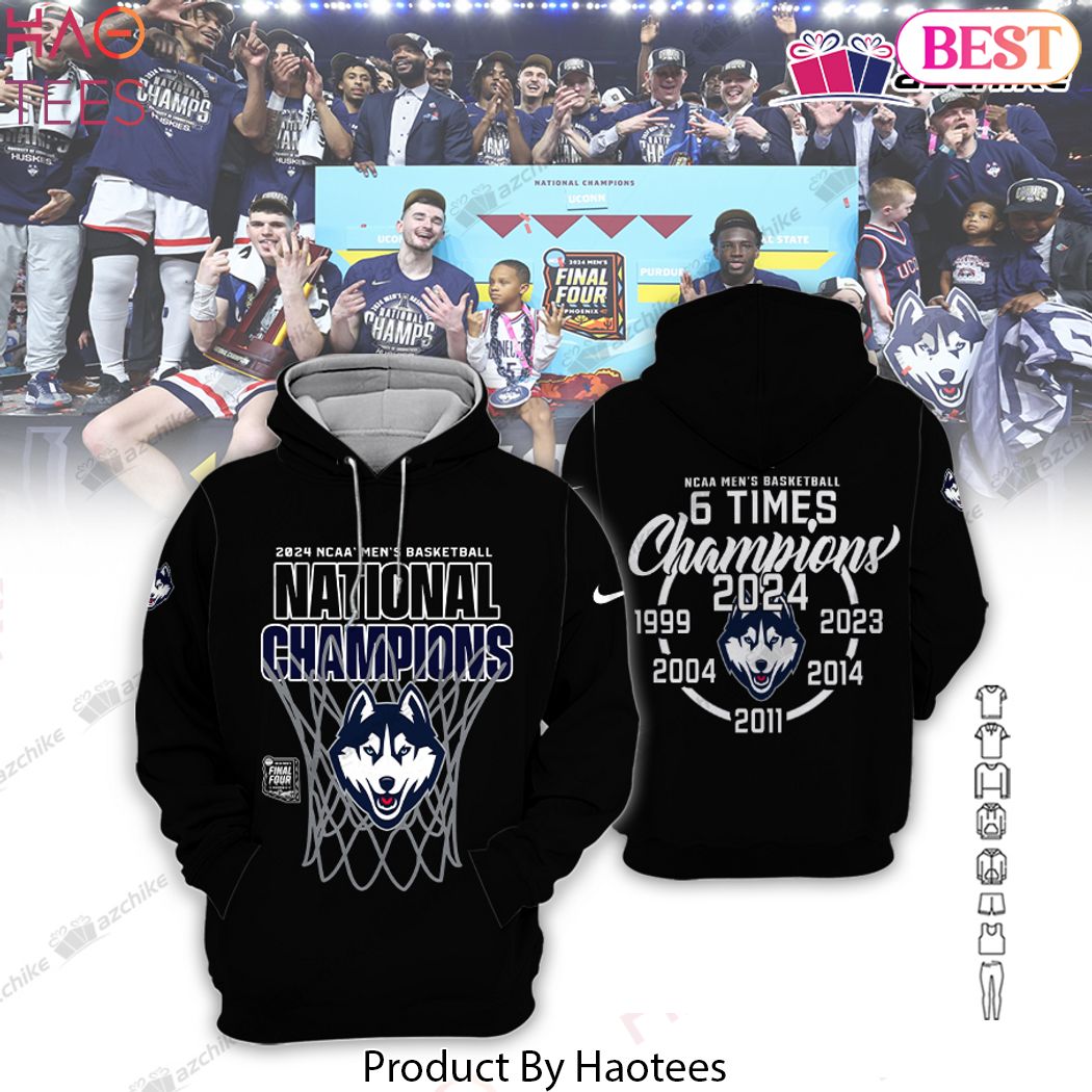 6 Times Uconn Huskies National Champion 2024 All Over Printed Clothes Hoodie