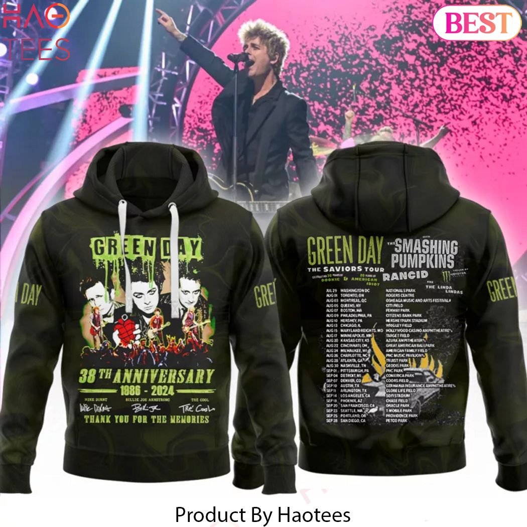 Green Day The Saviors Tour 2024 38th Anniversary 1986-2024  Signature Thank You For The Memories Hoodie