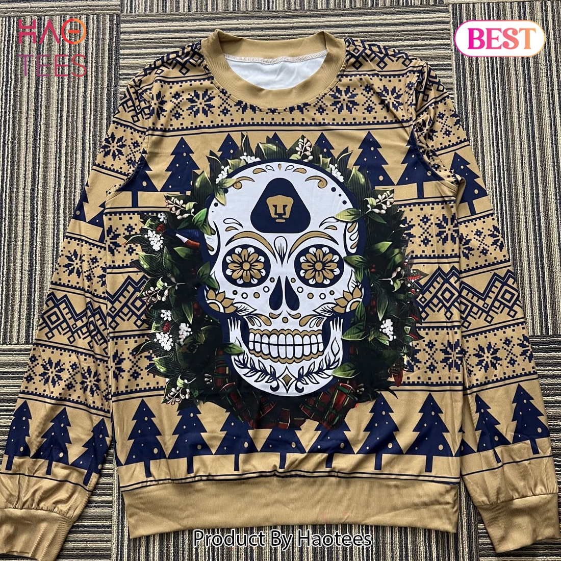 LIGA MX Pumas UNAM Special Sugar Skull Christmas Ugly Sweater LIGA MX Pumas UNAM Special Sugar Skull Christmas Ugly Sweater