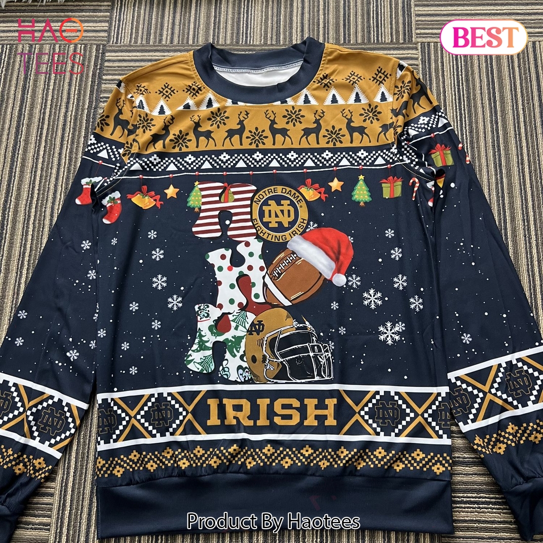 NCAA Notre Dame Fighting Irish HO HO HO Ugly Christmas Sweater NCAA Notre Dame Fighting Irish HO HO HO Ugly Christmas Sweater