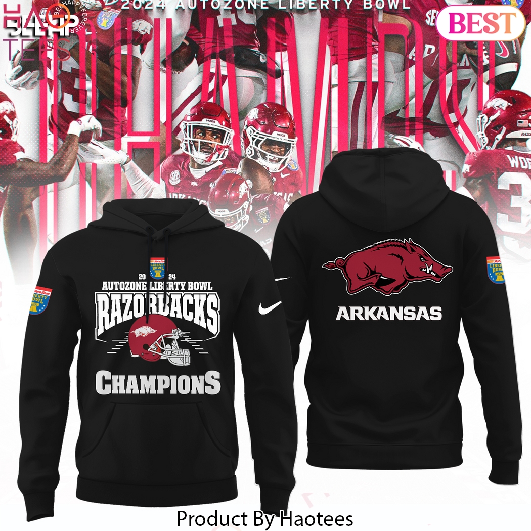Arkansas Razorback Autozone Liberty Bowl Champions Design Hoodie - Black Arkansas Razorback Autozone Liberty Bowl Champions Design Hoodie - Black