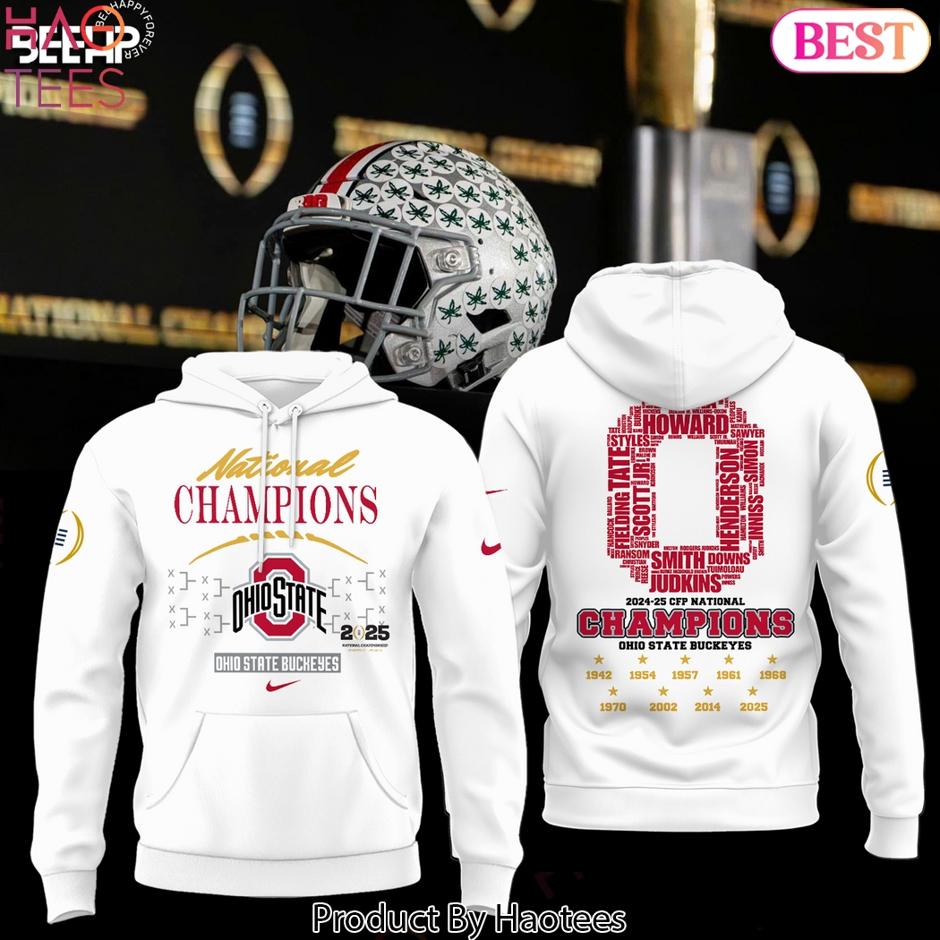 Ohio State Buckeyes 2024-25 CFP National Champion Design Hoodie - White Ohio State Buckeyes 2024-25 CFP National Champion Design Hoodie - White