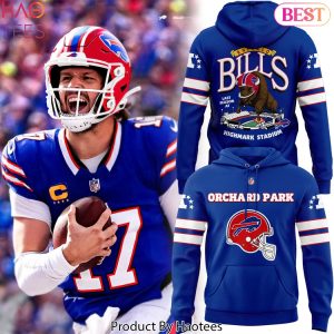 2025 Buffalo Bills Red Helmets Back Orchard Park Design Hoodie – Blue