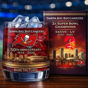 Tampa Bay Buccaneers 50th Anniversary Raise The Flags Whiskey Glass