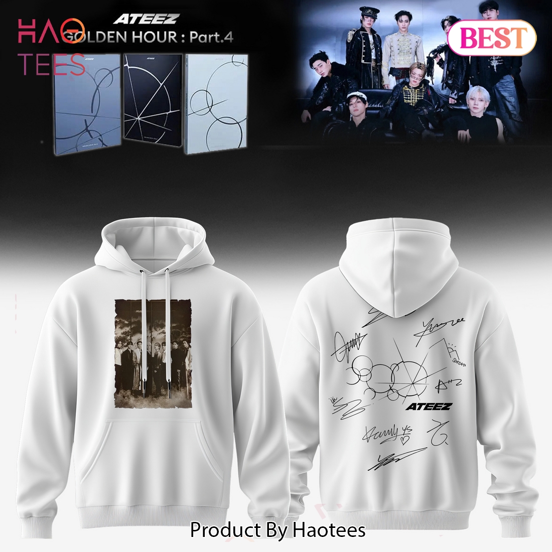 ATEEZ GOLDEN HOUR_ Part.4 Member Photo & Signatures White Hoodie ATEEZ GOLDEN HOUR_ Part.4 Member Photo & Signatures White Hoodie