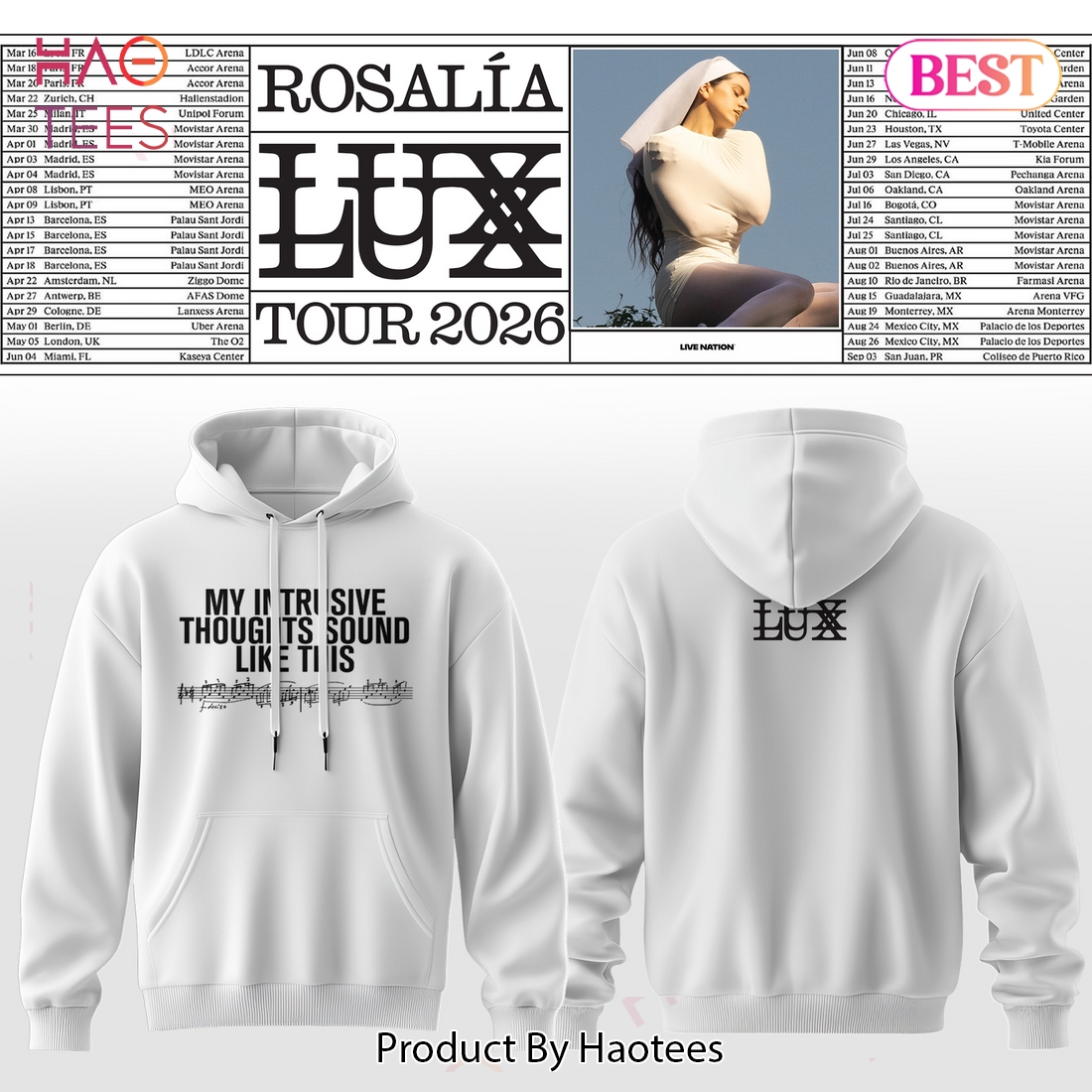 Rosalia - LUX Tour 2026 Hoodie - White Rosalia - LUX Tour 2026 Hoodie - White