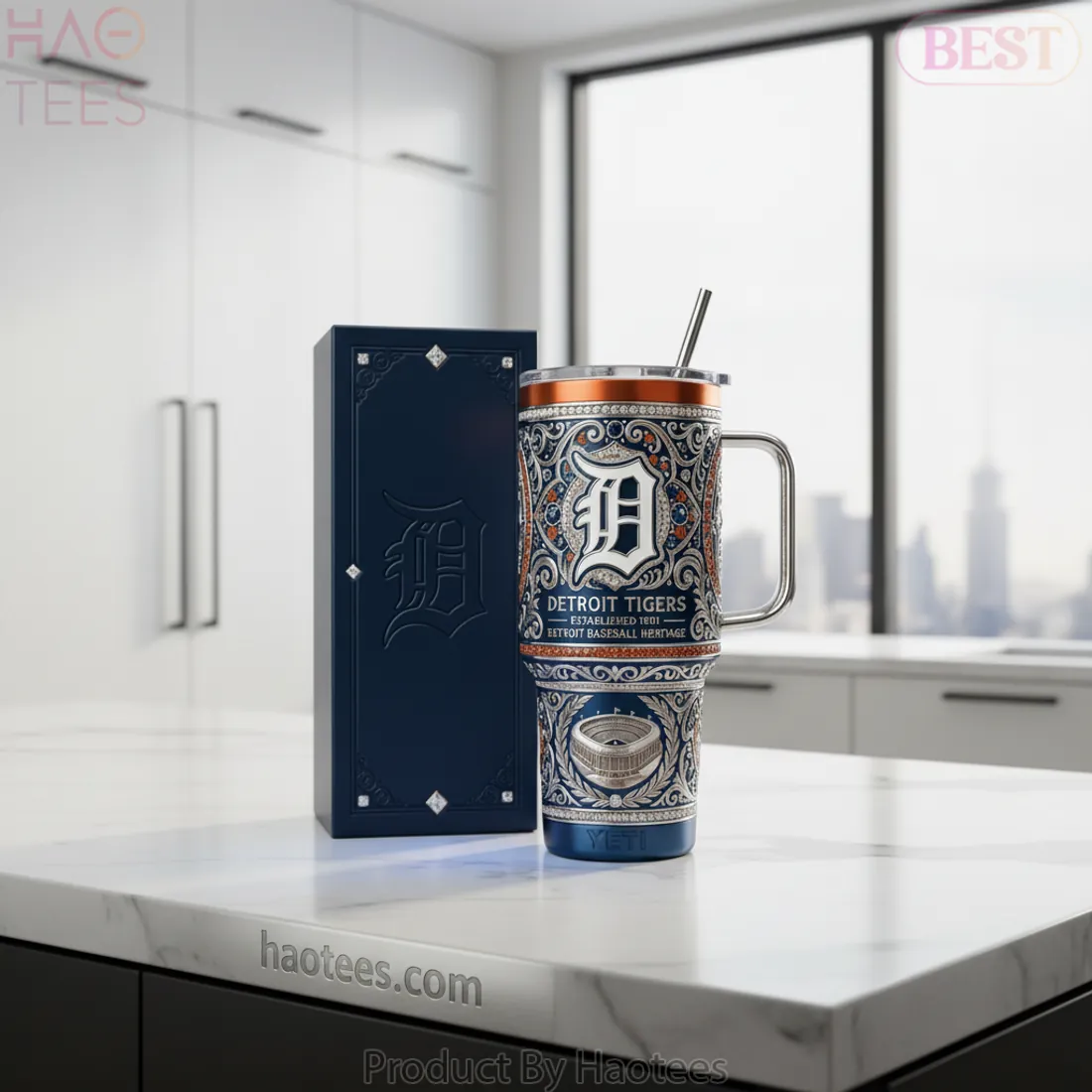YETI Detroit Tigers Premium Ornate 40 oz Jewel-Encrusted Tumbler with Handle and Straw
