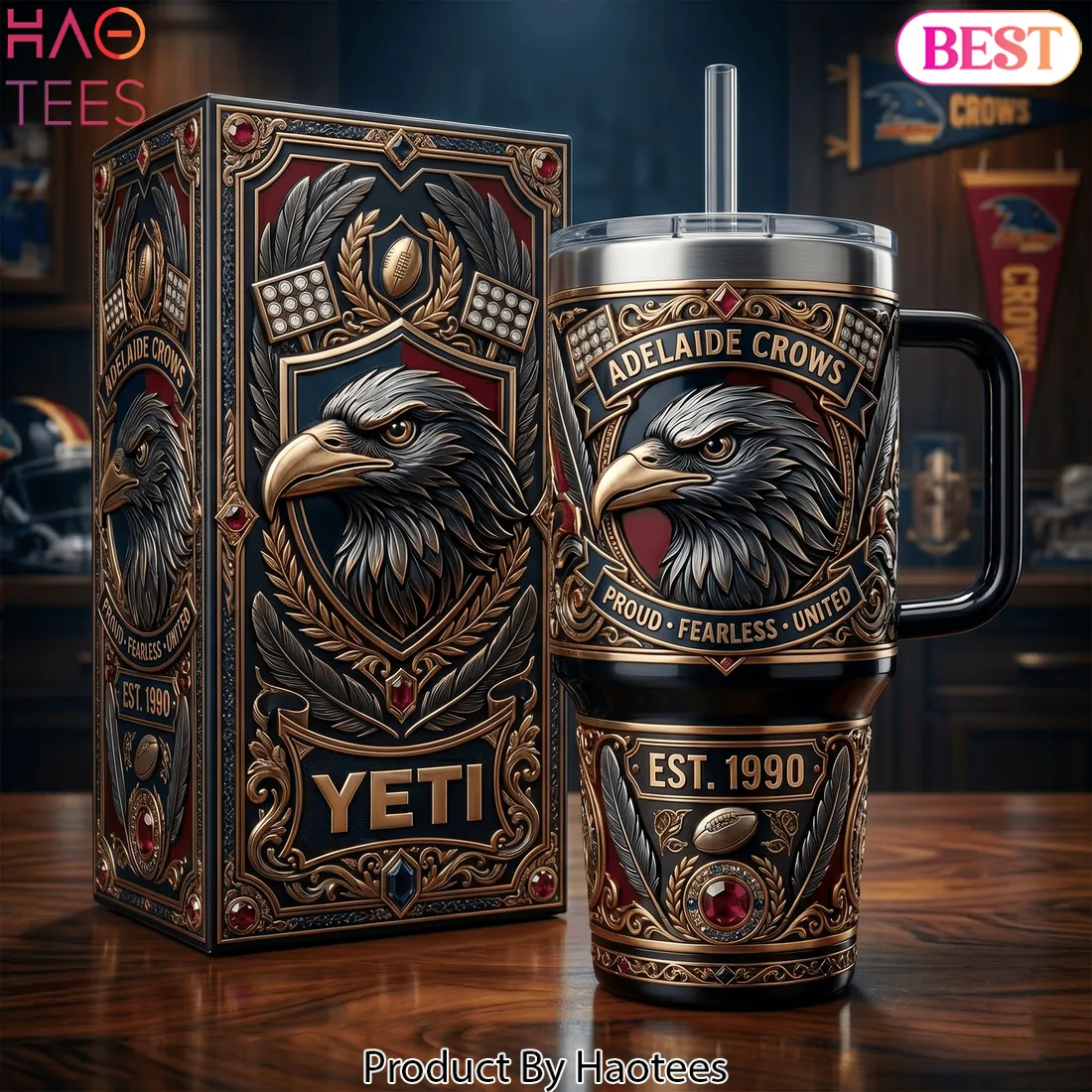 Adelaide Crows Proud Fearless United Est 1990 Ornate Eagle Design 40oz Tumbler With Handle Adelaide Crows Proud Fearless United Est 1990 Ornate Eagle Design 40oz Tumbler With Handle