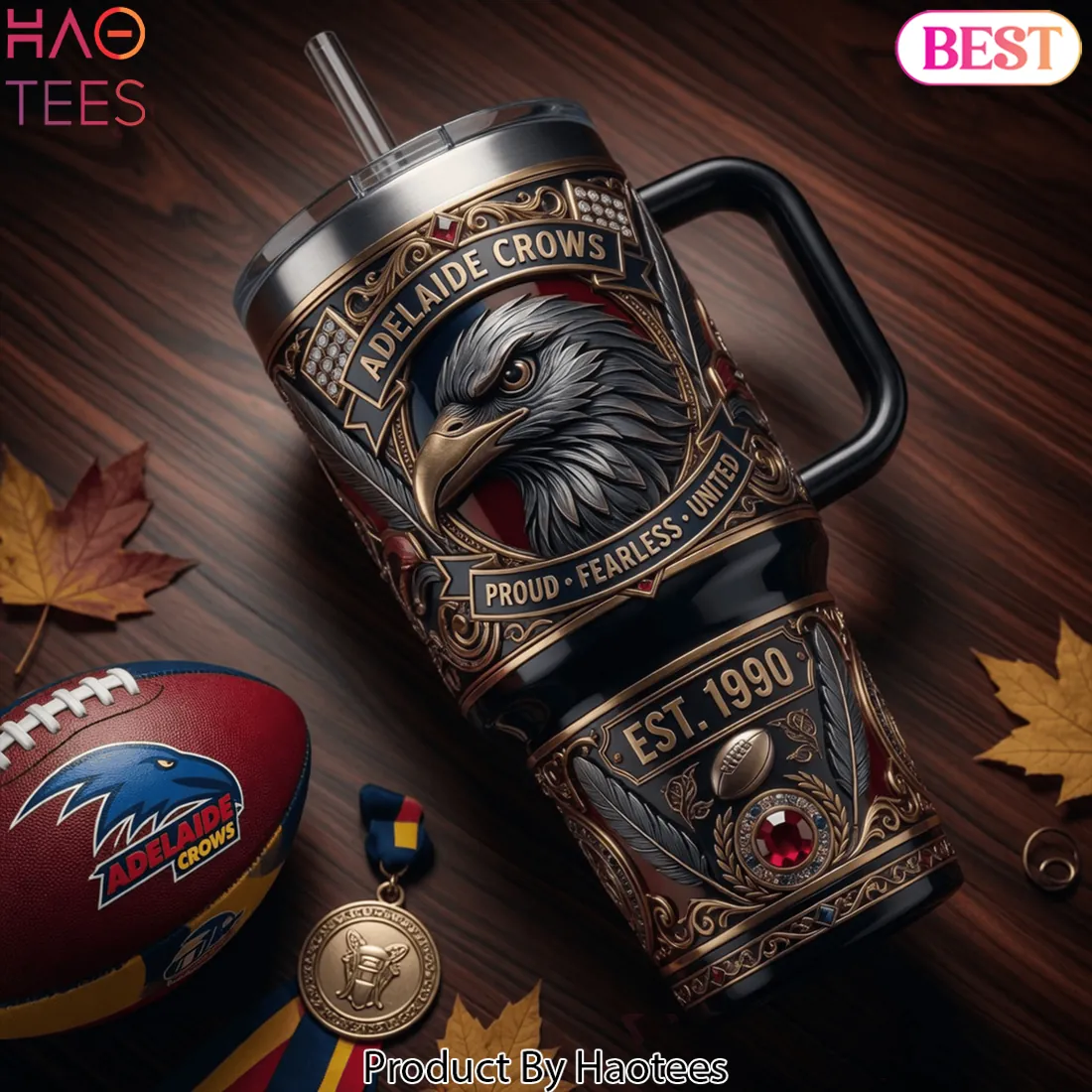 Adelaide Crows Proud Fearless United Est 1990 Ornate Eagle Design 40oz Tumbler With Handle Adelaide Crows Proud Fearless United Est 1990 Ornate Eagle Design 40oz Tumbler With Handle