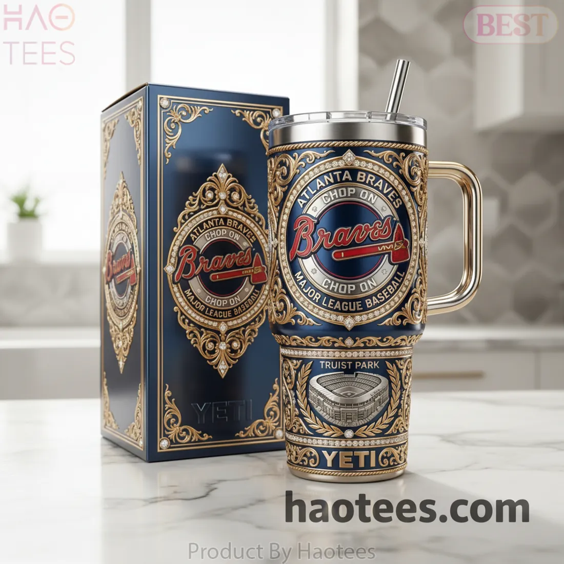 Atlanta Braves Luxury Gold Diamond 40 oz Insulated YETI Tumbler with Lid and Handle