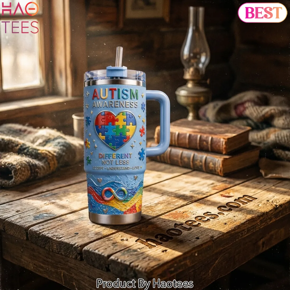 Autism Awareness Puzzle Heart 3D Design Handled Tumbler
