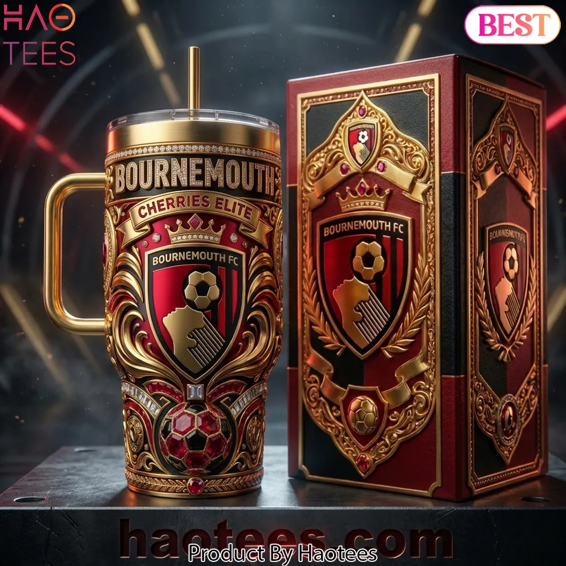Bournemouth FC Cherries Elite Luxury Gold 3D Tumbler With Handle Bournemouth FC Cherries Elite Luxury Gold 3D Tumbler With Handle