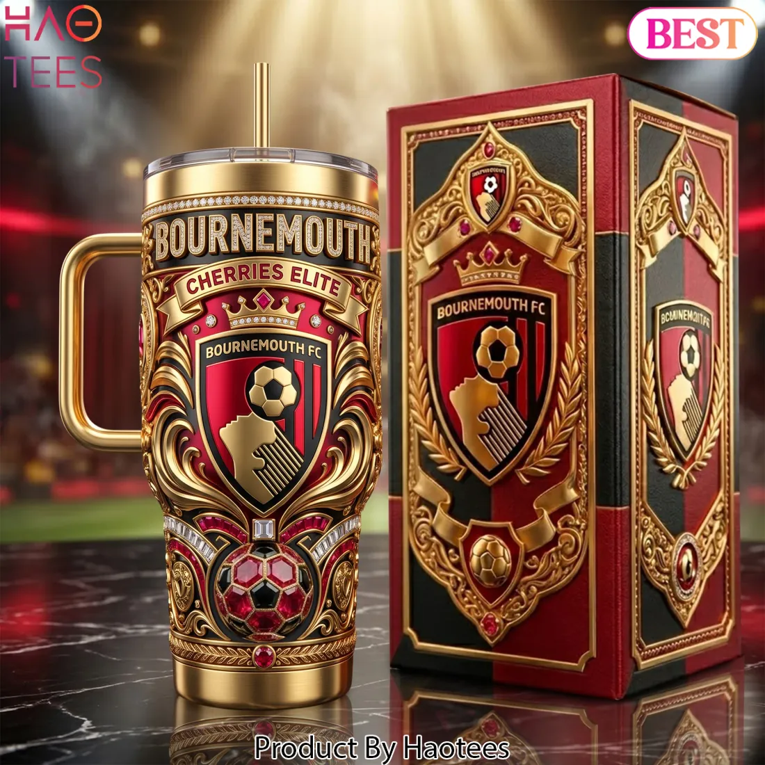 Bournemouth FC Cherries Elite Luxury Gold 3D Tumbler With Handle Bournemouth FC Cherries Elite Luxury Gold 3D Tumbler With Handle