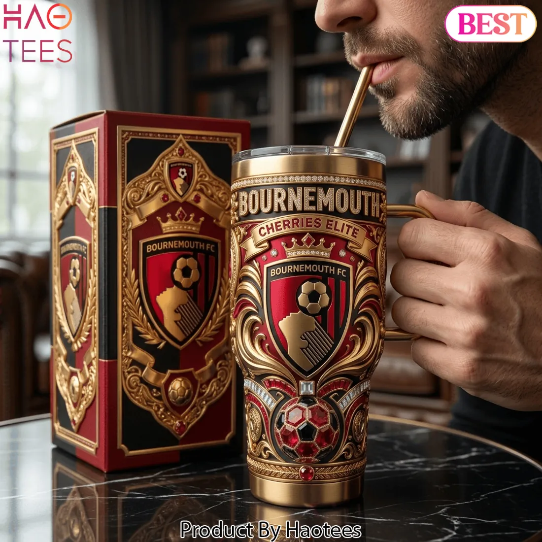 Bournemouth FC Cherries Elite Luxury Gold 3D Tumbler With Handle Bournemouth FC Cherries Elite Luxury Gold 3D Tumbler With Handle