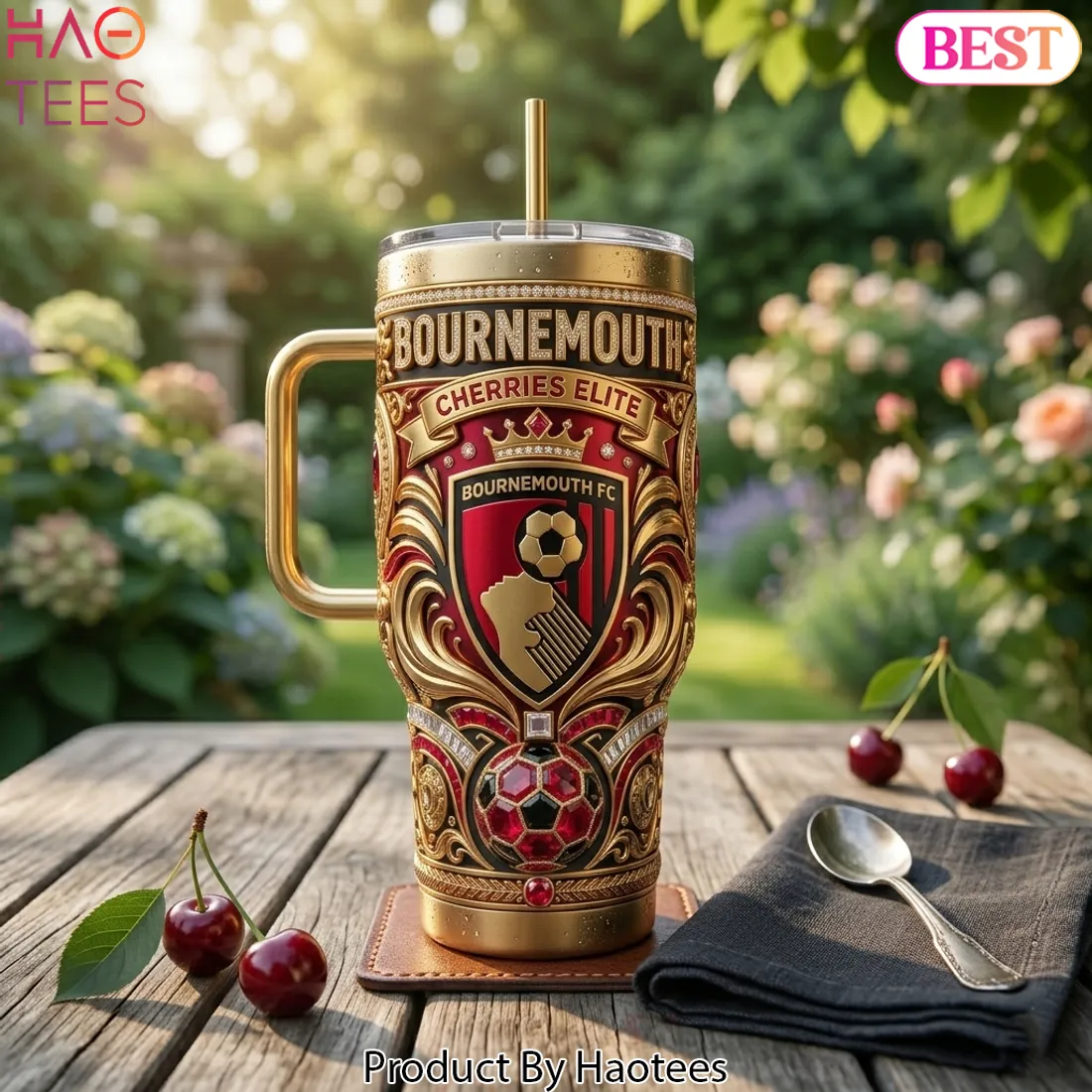 Bournemouth FC Cherries Elite Luxury Gold 3D Tumbler With Handle Bournemouth FC Cherries Elite Luxury Gold 3D Tumbler With Handle