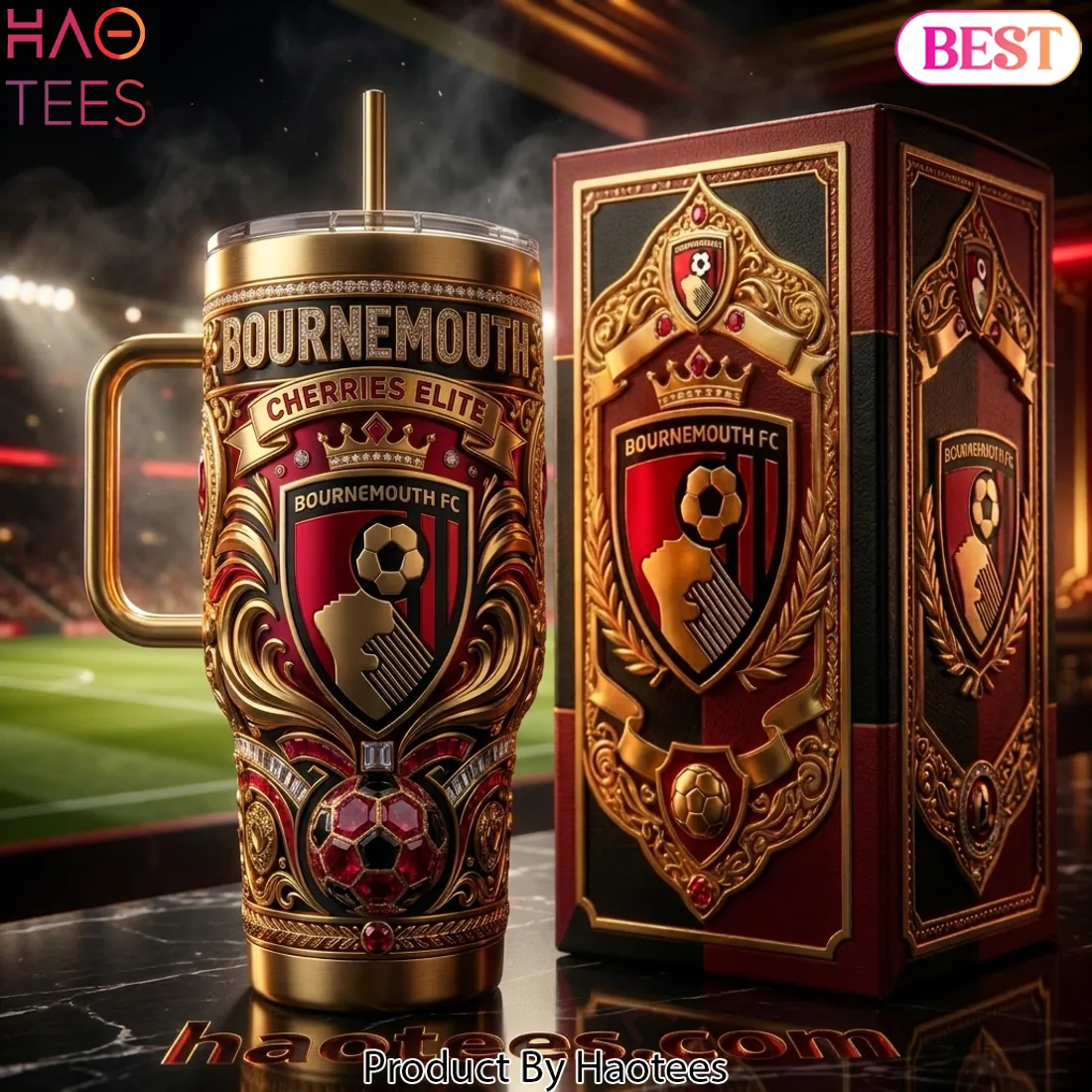 Bournemouth FC Cherries Elite Luxury Gold 3D Tumbler With Handle