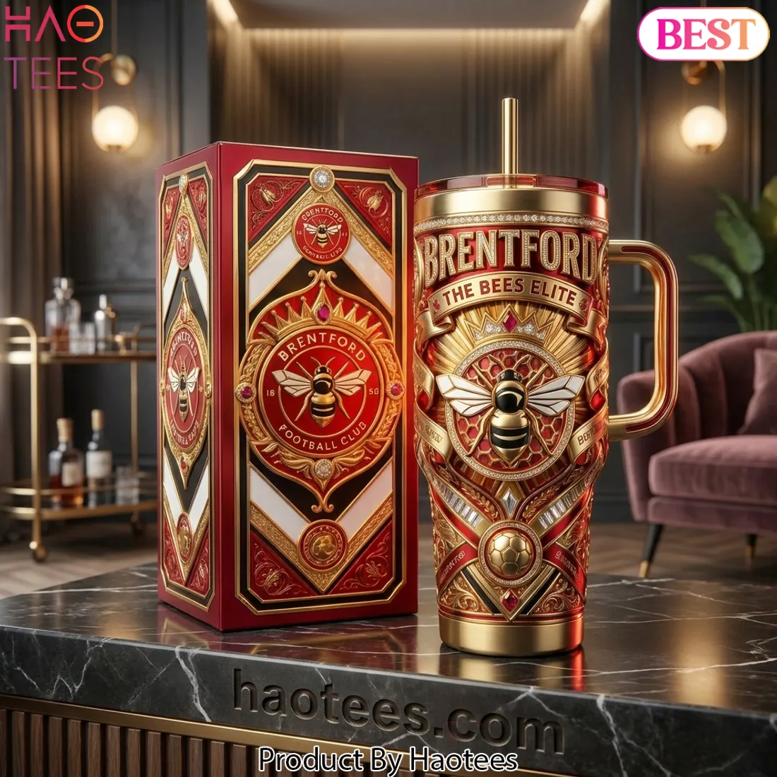 Brentford FC The Bees Elite Luxury Gold Diamond Design 40oz Tumbler With Handle