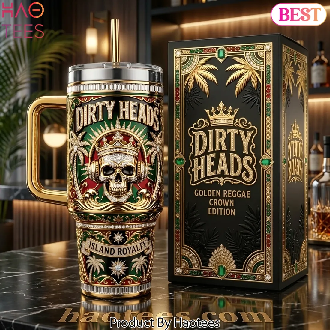 Dirty Heads Golden Reggae Crown Edition Skull Tumbler with Handle Dirty Heads Golden Reggae Crown Edition Skull Tumbler with Handle