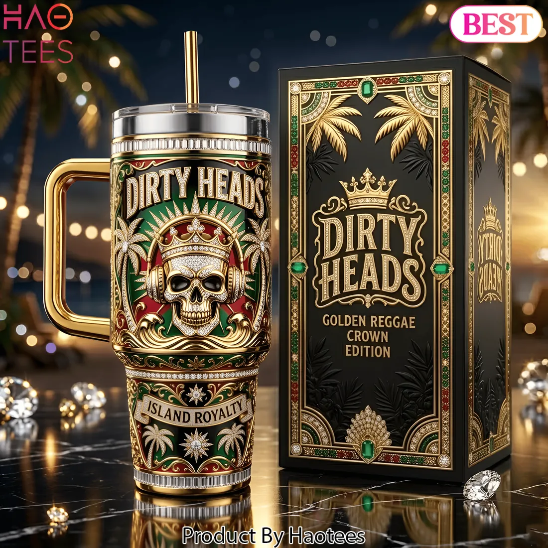 Dirty Heads Golden Reggae Crown Edition Skull Tumbler with Handle Dirty Heads Golden Reggae Crown Edition Skull Tumbler with Handle
