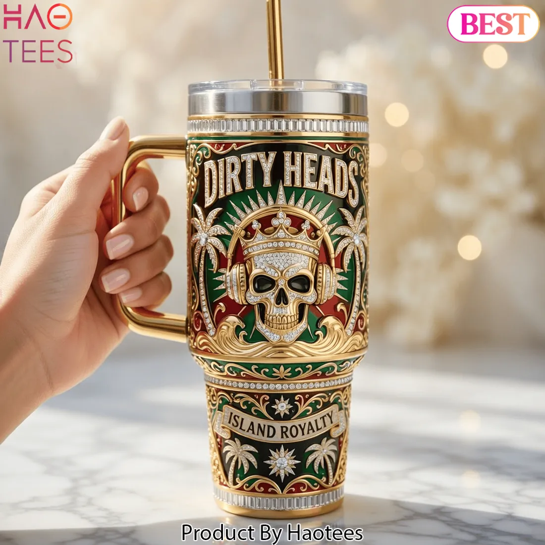 Dirty Heads Golden Reggae Crown Edition Skull Tumbler with Handle Dirty Heads Golden Reggae Crown Edition Skull Tumbler with Handle