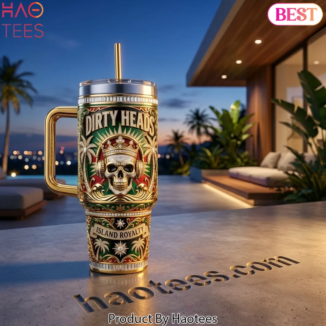 Dirty Heads Golden Reggae Crown Edition Skull Tumbler with Handle