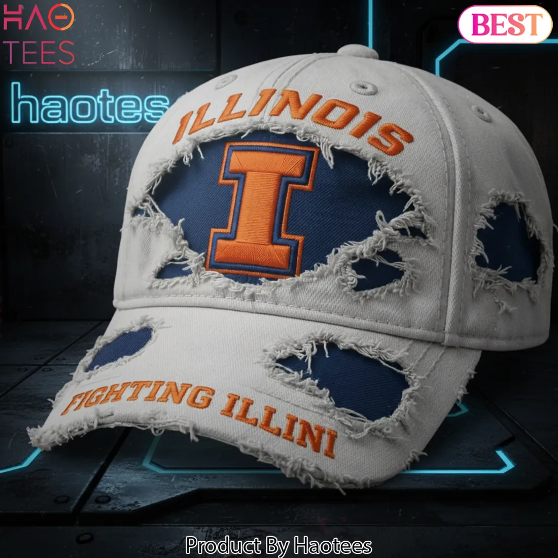 ILLINOIS Fighting Illini Distressed Embroidered Baseball Cap ILLINOIS Fighting Illini Distressed Embroidered Baseball Cap